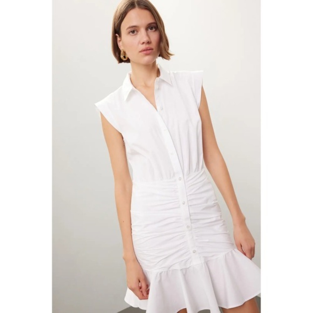 Veronica Beard Ruched Shirt Mini Dress White Cap Sleeve Office Siren 6
